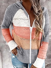 billige Grafiske mønstre og detaljer-Dame Genser Pullover genser Fritid Myk Stripet Riflet Med hette Strikket Langermet Vanlige topper Strikke utendørs Daglig Helg Rosa Vin Høst Vinter