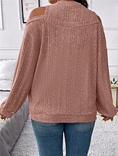 billiga Solida färger-Dam Tröja Pullover tröja Ledigt Mjukt Randig Ribbad Rund hals Stickat Kall axel Långärmad Vanliga toppar Sticka Utomhus Dagligen Helgen Svart Rubinrött Höst Vinter