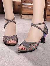 abordables Chaussures de danses latines-chaussures de danse à lanières scintillantes pour femmes – talons de salle de bal scintillants avec boucle réglable pour événements latins et fêtes