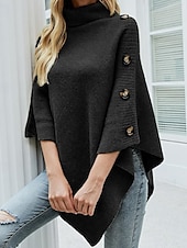 economico Maglioni e cardigan-Per donna Felpa Pullover Maglione Informale Morbido Tinta unica A coste A collo alto Bottoni Lavorato a maglia Mezza manica Top regolari Maglia Esterno Giornaliero Fine settimana Nero Rosso Autunno