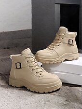 abordables Botines-Botines de mujer beige con cordones y forro de felpa cálido: calzado de invierno para exteriores con suela resistente y detalle de hebilla