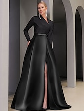 preiswerte SCHWARZ-A-Linien Abendkleid Elegantes Kleid Formelle Bodenlange Lange Ärmel Ausgestellter Ausschnitt Taschen Satin mit Schlitztasche