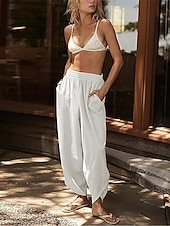 baratos Calça-Mulheres chinês Calças Harem Moda Clássico Comprimento total Cintura Alta Tecido Bolsos Cintura elástica Confortável Macio Micro-Elástica Ao ar livre Rua Branco Azul Cáqui Primavera &amp; Outono Normal