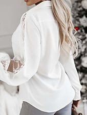 preiswerte Elegante Oberteile-Damen Hemd Bluse Feste Farbe Basic Brautkleider schlicht Langarm Hemdkragen Normale Oberteile Täglich Spitze Gitter Patchwork Schwarz Weiß Grün Herbst Winter