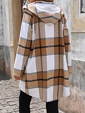 billiga Koftor &amp; Ytterkläder-Dam Vinterkappa Hoodiejacka Utomhus Gata Dagliga kläder Höst Vinter Lång Täcka Normal Håller värmen Andningsfunktion Stylish Ledigt Jacka Långärmad Ränder och pläd Med fickor Blixtlås i fullängd Kaki