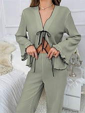 abordables Pijamas para mujeres-Conjunto de pijama para mujer, color puro, informal, cómodo, para el hogar, uso diario, cálido, cuello en V, camisa de manga larga, pantalón, cintura elástica, conjuntos para el hogar para otoño e