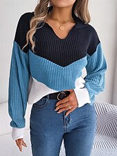 billige Grafiske mønstre og detaljer-Dame Genser Pullover genser Fritid Myk Fargeblokk Riflet V-hals Strikket Langermet Vanlige topper Strikke utendørs Daglig Helg Blå Kakifarget Høst Vinter