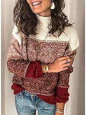 Color Block Sweater Turtleneck Knit Fall Winter Weekend Fashion Streetwear Daily Long Sleeve Color Block Black Red Wine3