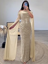 levne šampaň-Šaty v pouzdrovém střihu Večerní šaty S flitry Elegantní Formální Dlouhá délka Dlouhý rukáv Na jedno rameno Champagne Matka nevěsty Šaty s třpytivým šátkem Maškarní šaty