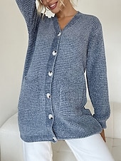 cheap Cardigans &amp; Outerwears-Women&#039;s Sweater Cardigan Casual Soft Pure Color Ribbed V Neck Buttons Pocket Knitted Long Sleeve Long Tops Knit Outdoor Daily Weekend Pink Blue Fall Winter