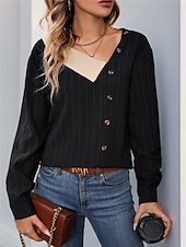 preiswerte Damen Arbeitsoberteile-Damen Hemd Bluse Feste Farbe Basic Brautkleider schlicht Langarm V Ausschnitt Normale Oberteile Täglich Patchwork Knopf Schwarz Herbst Winter