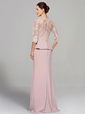 economico Lunghezza del pavimento-Abito Sheath Madre della Sposa Abito Elegante V Scollo Lunghezza Piena Chiffon Elasticizzato Manica 3/4 con Pieghe in Pizzo Colore Solido