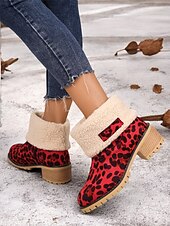 cheap Snow &amp; Winter Boots-Women&#039;s Red Leopard Print Winter Boots with Faux Fur Lining and Chunky Heel – Warm and Stylish Snow Boots