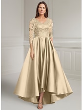 cheap Floor Length-Purple A-Line Mother of the Bride Dress Elegant Vintage V Neck Asymmetrical Satin Long Sleeve with Lace Appliques Solid Color