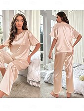 billiga Pajamasättare-pyjamas för kvinnor 2 stycken ren färg mode hem andas crew neck kortärmad t-shirt byxor sommar hem outfits