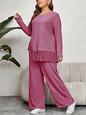 abordables grande taille deux pièces-Femme Grande taille Hauts T shirt Tee Ensemble Couleur unie Franges manche longue Col Ras du Cou Décontractées du quotidien Polyester Automne Hiver Fuchsia Vert