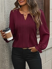 preiswerte Elegante Oberteile-Damen Hemd Bluse Feste Farbe Basic Brautkleider schlicht Langarm Gekerbter Hals Normale Oberteile Täglich Schwarz Wein Herbst Winter