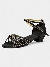 economico Scarpe per balli latini-sandali da ballo latino in raso da donna con design a cinturini, suola in morbida pelle scamosciata e tacco basso - perfetti per balli da sala, salsa e balli sociali