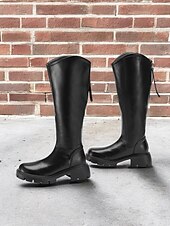 cheap Fashion Boots-Women&#039;s Extra Wide Calf Knee-High Boots – Comfortable Black Faux Leather with Rugged Sole, Perfect for Outdoor Adventures and Everyday Wear