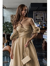 cheap CHAMPAGNE-A-Line Evening Gown Elegant Dress Formal Sweep / Brush Train Long Sleeve One Shoulder Pocket Satin with Glitter