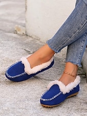 お買い得  レディース・スリッパ＆ビーチサンダル-女性用フェイクスエードモカシンスリッパ - フェイクファーの裏地付き、ステッチのディテールが施された暖かい屋内外用ハウスシューズ