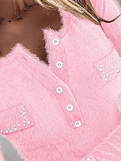 abordables Hauts Unis pour Femmes-chemisier femme pull flou rose col en V texturé manches longues coupe ajustée à la mode printemps automne décontracté