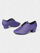 abordables Chaussures de danses latines-chaussures de danse en cuir perforé violet pour femmes - chaussures de jazz à lacets à talon bas pour danse de salon et danse latine
