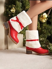 voordelige Vrouwen Kerst Schoenen-dames kerstlaarzen met imitatiebont en rode strik – feestelijke vakantieschoenen voor winterfeesten