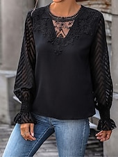 cheap Lace Tops-Women&#039;s Elegant Lace Tops Eyelet Blouse Casual Solid Color Regular Tops Long Sleeve Crew Neck Lace Patchwork Regular Fit Daily Black Romantic Petite Tops Summer Holiday Wear