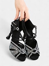 abordables Chaussures de danses latines-Escarpins de danse pour femmes en strass dorés avec brides croisées et semelle en daim – idéals pour les spectacles de danse de salon et de danse latine