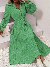 abordables Robes fleuries décontractées-robe midi à fleurs à col en V et manches longues pour femme printemps automne