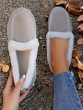 お買い得  レディース・スリッパ＆ビーチサンダル-女性用フェイクスエードモカシンスリッパ - フェイクファーの裏地付き、ステッチのディテールが施された暖かい屋内外用ハウスシューズ