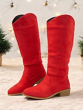 levne Cowboy &amp; Western Boots-dámské červené semišové boty ke kolenům - stylové westernové boty na nízkém podpatku pro zimní a sváteční nošení
