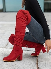 tanie Buty modowe-damskie zamszowe buty za kolano na klockowym obcasie – stylowy, luźny design z zapięciem na suwak, idealny na zimową modę