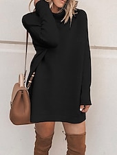 voordelige Gebreide jurken-Dames Trui jurk Casual Zacht Heldere kleur Geribd Coltrui Gebreid Lange mouw Lange tops breien Buiten Dagelijks Weekend Zwart Wit Herfst Winter