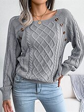 billiga Solida färger-Dam Tröja Pullover tröja Ledigt Mjukt Ren färg Ribbad Fyrkantig hals Knappar Stickat Långärmad Vanliga toppar Sticka Utomhus Dagligen Helgen Vit Kaki Höst Vinter