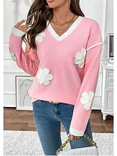 cheap Graphic shop Sweatshirts &amp; Hoodies-Women&#039;s Sweater Crew Neck Knit Embroidery Spring Fall Elegant 3/4 Length Sleeve Solid Color Pink
