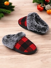 ieftine Flip-Flops de Damă-papuci de damă în carouri căptușiți cu lână - pantofi de casă roșii și negri, în carouri de bivol, cu guler de blană artificială pentru confortul iernii