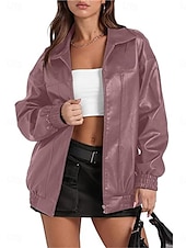 billiga Jackor i konstläder-Dam Imitationsläderjacka Vardaglig jacka Utomhus Gata Dagliga kläder Höst Vinter Normal Täcka Normal Håller värmen Andningsfunktion Stylish Ledigt Jacka Långärmad Slät Med fickor Blixtlås i fullängd