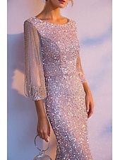 billiga Rosa-sjöjungfru aftonklänning elegant klänning formell bröllopsgolv längd 3/4 lång ärm juvelhals paljett med glitter tofs 2025