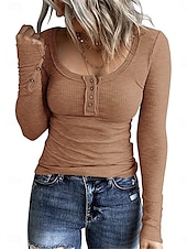 billiga Enkel t-shirt-Dam T-shirt Slät Mode Modern Ledigt Långärmad Rund hals Vanliga toppar Dagligen Helgen Knappar Blå Brun Grå Höst Vinter