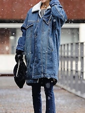 billiga Casual Parka-Dam Fleece-jacka Teddyrock Jeansjacka Håller värmen Andningsfunktion Ficka Fleecefodrad Ledigt Slät Semester Gata Dagliga kläder Utekväll Enkelknäppt Lång Nedvikt Normal Långärmad Ytterkläder Blå
