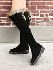 economico Stivali di neve e inverno-stivali da donna sopra il ginocchio in finta pelle scamosciata marrone con rifiniture in pelliccia sintetica: calzature invernali comode ed eleganti per un calore extra