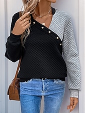 preiswerte Texturierte Kapuzenpullover &amp; Sweatshirts-Damen Pullover Uni V-Ausschnitt Knöpfe Langarm Schwarz Frühling Herbst
