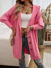 billiga Koftor &amp; Ytterkläder-Dam Tröja Kofta Ledigt Mjukt Ren färg Ribbad Huva Knappar Ficka Stickat Långärmad Långa toppar Sticka Utomhus Dagligen Helgen Svart Fuchsia Höst Vinter