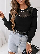 preiswerte Elegante Oberteile-Damen Hemd Bluse Feste Farbe Basic Brautkleider schlicht Langarm Rundhalsausschnitt Normale Oberteile Täglich Gitter Patchwork Perlenbesetzt Schwarz Herbst Winter