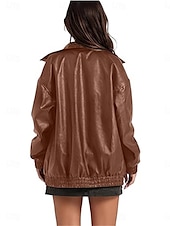 billiga Jackor i konstläder-Dam Imitationsläderjacka Vardaglig jacka Utomhus Gata Dagliga kläder Höst Vinter Normal Täcka Normal Håller värmen Andningsfunktion Stylish Ledigt Jacka Långärmad Slät Med fickor Blixtlås i fullängd