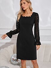ieftine rochie mini neagra-Pentru femei Rochie neagra Rochii Midi Dantelă Elegant Pătrat Manșon Lung Negru Culoare