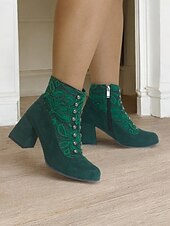 abordables años 1930-Botines de ante sintético verde para mujer con botón a presión, capa de encaje y cremallera lateral: diseño de inspiración vintage con tacón de bloque, perfectos para conjuntos elegantes y ocasiones especiales