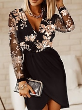 cheap Cocktail Dress-Women&#039;s Sequin Dress Mini Dress Sequins Patchwork Casual V Neck Long Sleeve Black Pink Wine Color